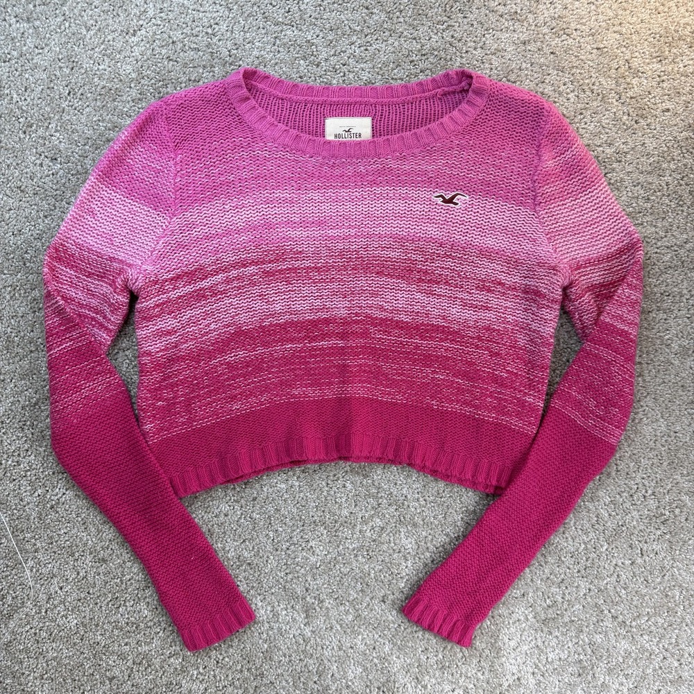 Hollister Sweater Womens M Pink Striped Cropped Crew Neck Chunky Knit Pullover